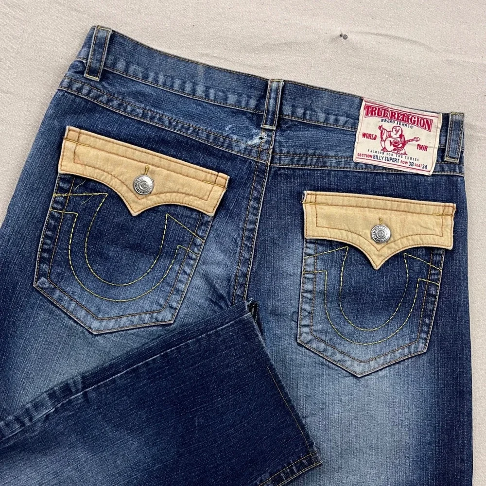 True Religion Billy Super T Jeans Mens 38 Blue Dark‎ Wash Corduroy Flap Pockets